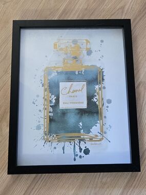 Chanel-Inspired Gold & Teal Perfume Bottle Wall Art - Framed Home Accent